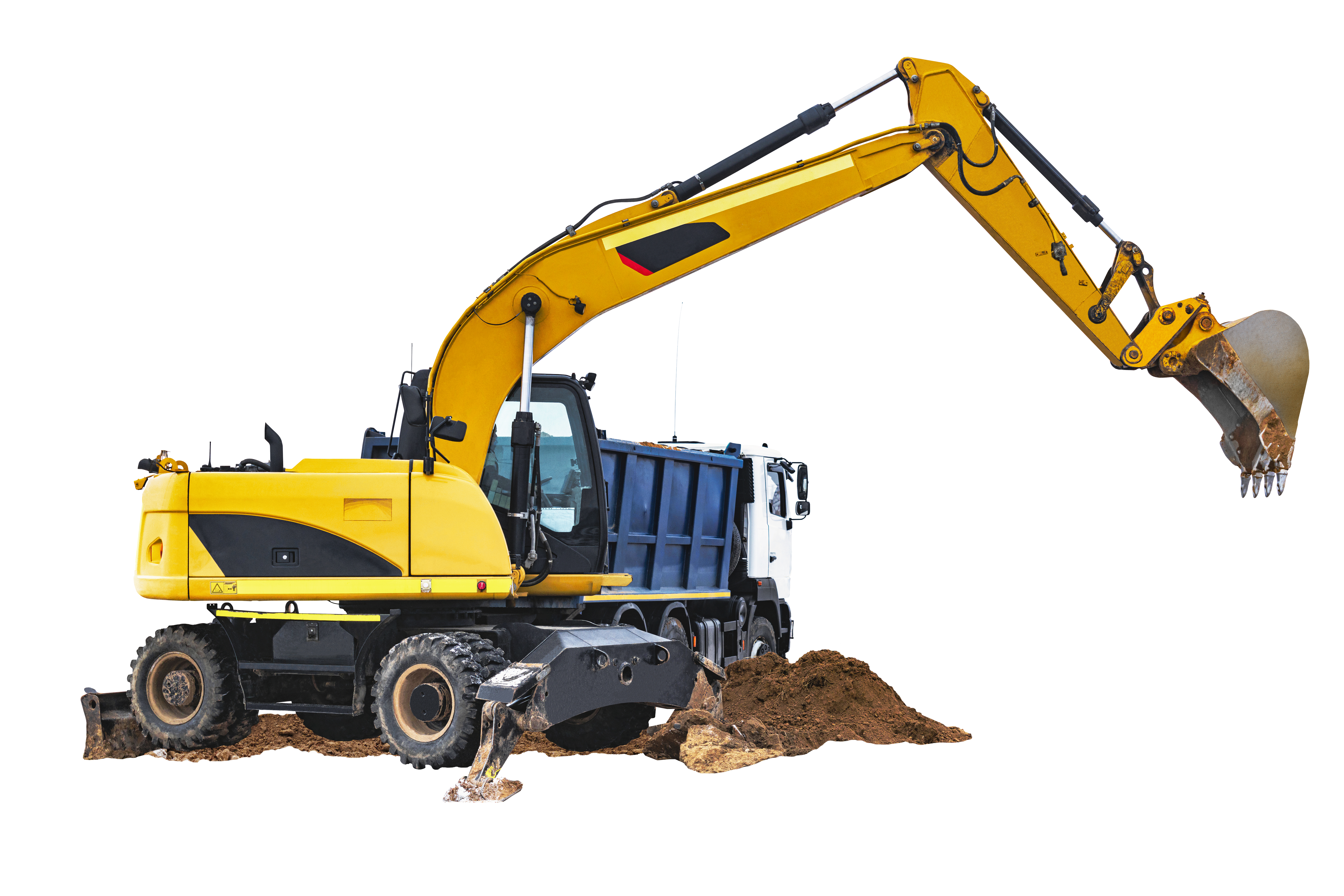 Large dump truck and excavator close-up on a white isolated background.Construction equipment for earthworks. element for design. Rent of modern construction equipment